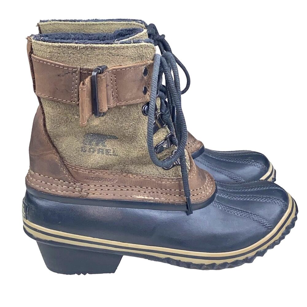 Sorel Women’s Fancy Lace II Green Brown Duck Winter Boot Size US 6